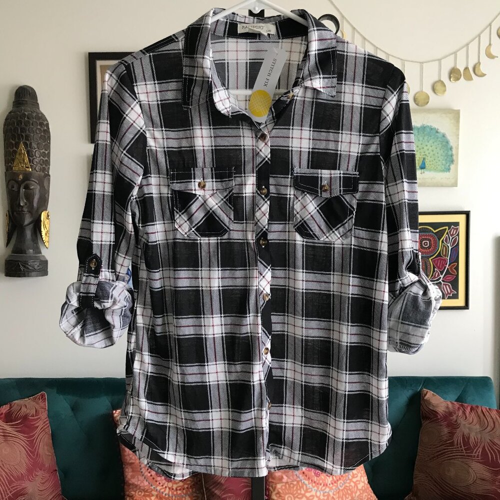 PASSPORT Girl size 12 Black & White Plaid Roll Tab Sleeve Blouse Top NWT